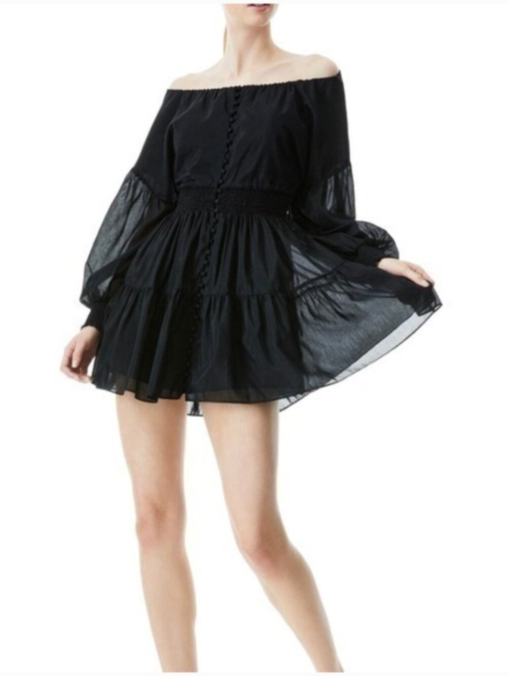 NWT Alice + Olivia Kiara Smocked Long-sleeve Button-front Mini Dress in Black 2